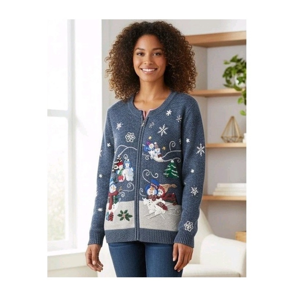 Vtg Studio Joy Christmas Cardigan Sweater Womens Sz XL Snowman Holiday Christmas